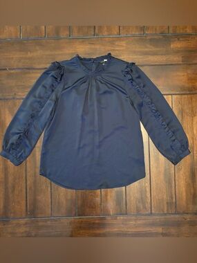 J. Crew Navy Ruffle-Trim Long Sleeve Blouse Loose Fit Dress Shirt Size Small